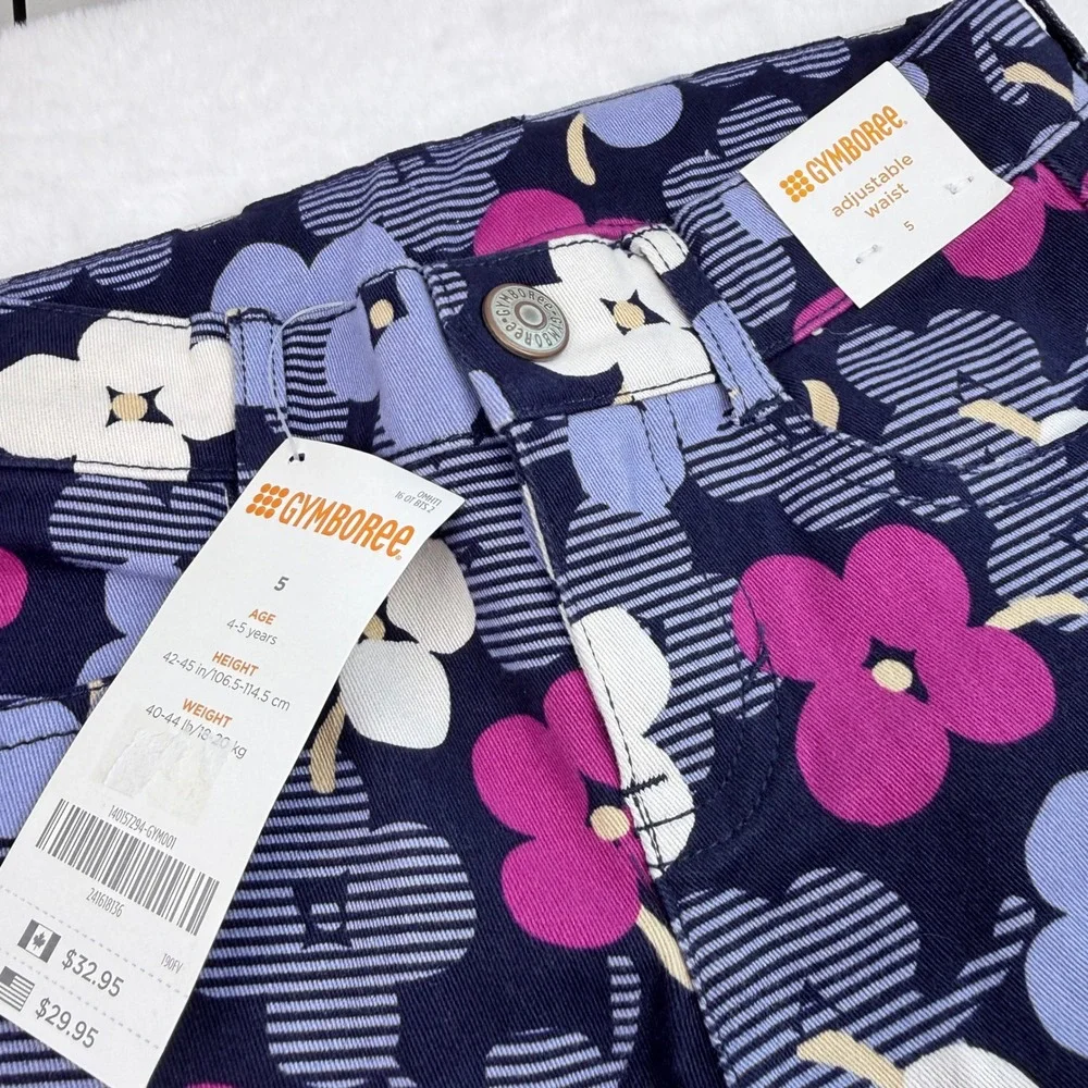 Gymboree Floral Pants Girls 5 Navy Blue Purple Retro Mod Flower Power Slim NWT
